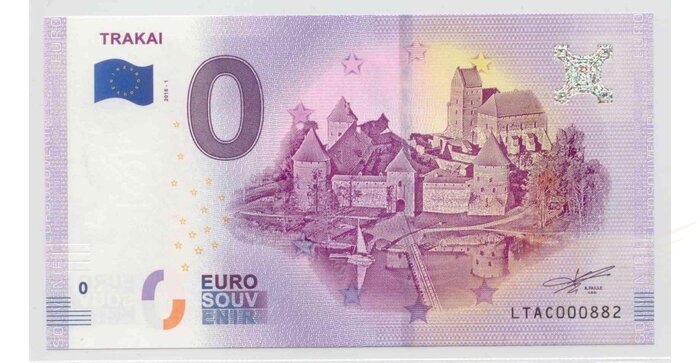 2018 m. 0 euro Trakai suvenyrinis banknotas žemas numeris UNC
