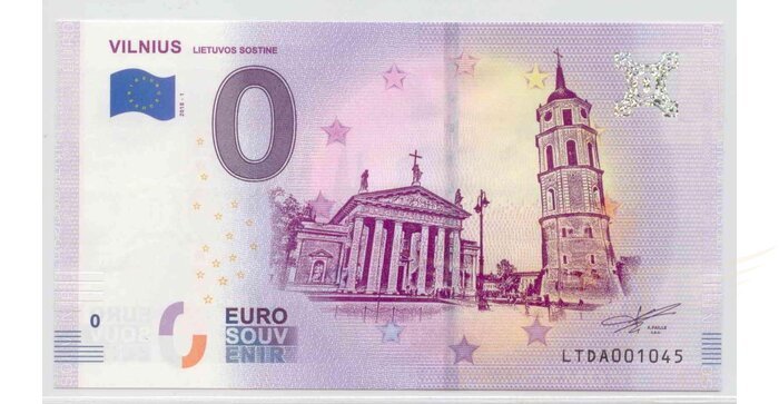 2018 m. 0 euro Vilnius suvenyrinis banknotas žemas numeris UNC