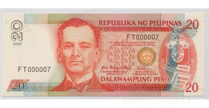 Filipinai 2008 20 pesų EXTRA ŽEMAS numeris FT000007 UNC !