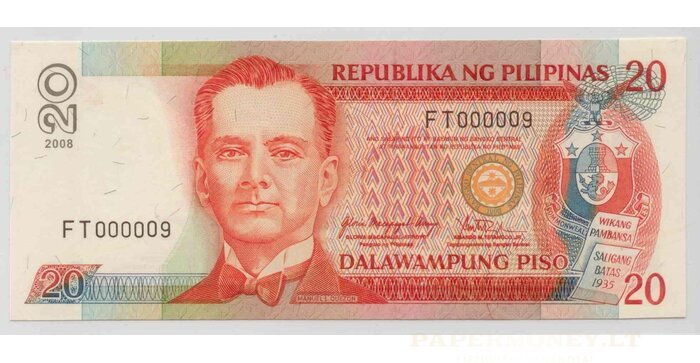 Filipinai 2008 20 pesų EXTRA ŽEMAS numeris FT000009 UNC !