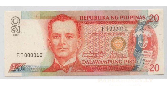 Filipinai 2008 20 pesų EXTRA ŽEMAS numeris FT000010 UNC !