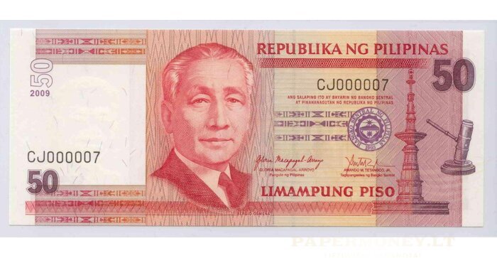 Filipinai 2009 50 pesų EXTRA ŽEMAS numeris CJ000007 UNC !