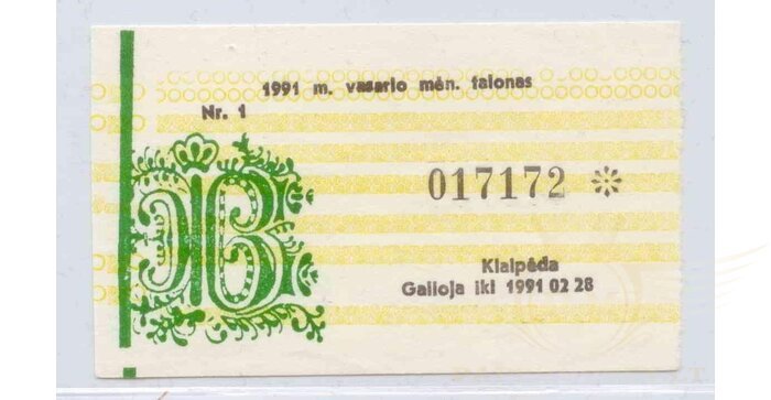 Maisto talonai 1991 Klaipėda talonas maisto prekės vasaris